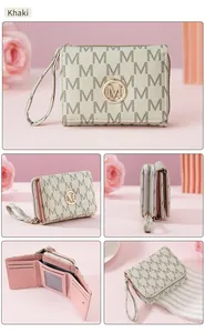 Detail view of khaki women's tri-fold wallet with elegant letter print and multi-card slots