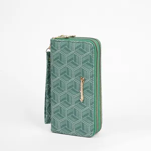 Elegant green long women's wallet with geometric print, double zippers and wristlet strap