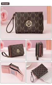 Brown women's trifold wallet with M-pattern, multiple card slots, and zip pocket.