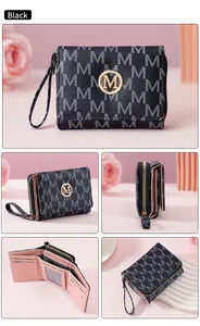 Detailed views of a black tri-fold wallet featuring letter prints and card slots