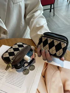 Damen Mini Geldbörse mit Rautenmuster Mode Schlank Canvas Polyester Brieftasche Gold Reißverschluss Schlüsselanhänger Kleingeldbeutel