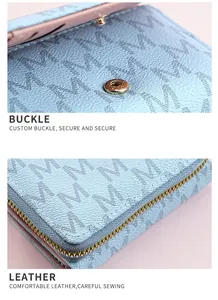 Detailed macro shots of light blue wallet showing custom buckle and leather texture