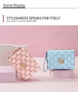 Detailed scene display of stylish women's short wallets with M letter pattern and zip closure