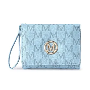 Light blue tri-fold women's wallet featuring all-over M pattern and gold M metal logo