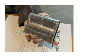 Close-up view of a stylish silver metallic crackled leather card holder for women