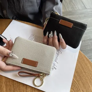 Mini Porte-Monnaie en Cuir Véritable Minimaliste pour Femmes Ultra Mince Motif Litchi Sac à Clés en Cuir de Vachette Avec Porte-Clés Petit Portefeuille à Fermeture Éclair