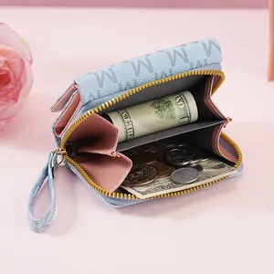 Stylish light blue tri-fold women's short wallet with letter print and coin pocket