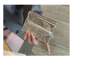 Close-up macro view of a stylish silver metallic crinkled leather card holder case