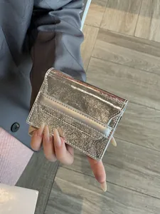 Women's Genuine Leather Card Holder First Layer Cowhide Large Capacity Multi-Slot Accordion Wallet Silver Metallic Card Case
