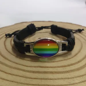 Bracciale in Pelle Intrecciata a Mano Vintage Arcobaleno Vetro Gemma del Tempo Regolabile Braccialetto in Filo di Cera