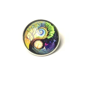 Vintage Tree of Life Yin Yang glass cabochon brooch pin with fantasy art design