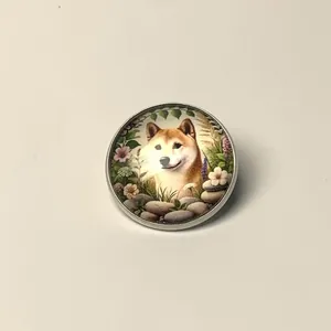 Macro detail of a round Shiba Inu doge brooch pin with floral illustration
