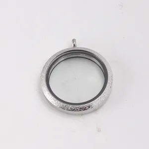 Round stainless steel floating locket pendant with glass windows and emery finish