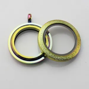 Close-up of rainbow and gold glitter stainless steel screw glass locket pendants.