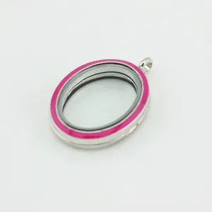 Oval glass floating locket necklace pendant with silver finish and pink enamel trim