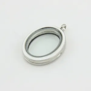Minimalist silver oval floating locket pendant with clear glass windows for DIY necklaces.
