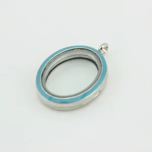 Oval turquoise enamel floating locket necklace pendant with clear glass and silver frame