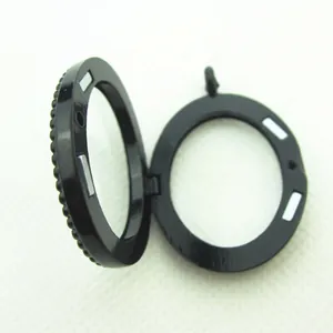 Black alloy floating locket pendant with glass window and magnetic closure for DIY jewelry