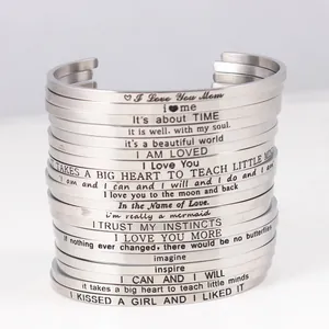 Inspirational Stainless Steel Open C-Shape Bangle For Women Engraved Motivational Quote Adjustable Fashion Jewelry Cuff Bracelet Gift
