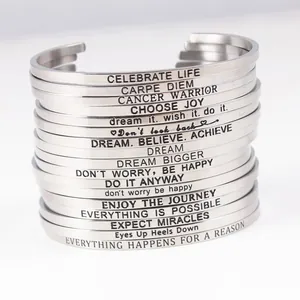 Minimalist Stainless Steel Engraved Cuff Bracelet For Women Inspirational Mantra Open C-Shape Bracelet Daily Jewelry Gift