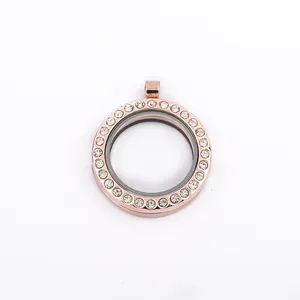 Detailopname van de ronde medaillon hanger in roségoud met sprankelende kristalaccenten.
