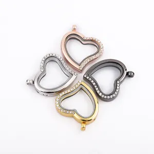 Heart Shaped Floating Locket Pendant Rhinestone Border Openable Transparent Glass Alloy Memory Frame Jewelry Finding