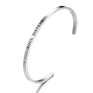 Elegant polished stainless steel open cuff bangle engraved with Soul Sisters text for women