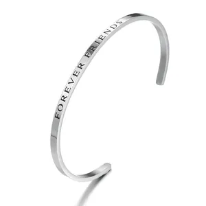 Silver stainless steel cuff bracelet with Forever Friends engraving, minimalist style