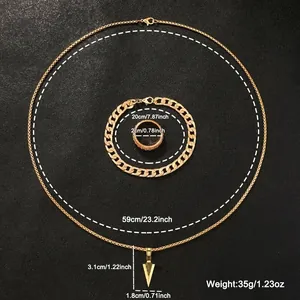 Detailed measurements and weight for a three-piece gold jewelry set with an arrow pendant necklace
