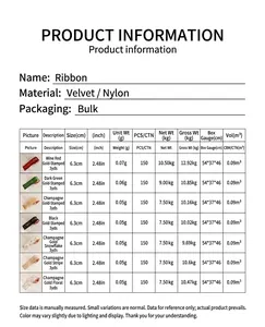 Detailed specification chart showing sizes and weights for Christmas gold stamped velvet ribbons