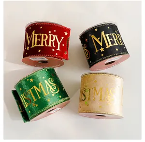 Four rolls of festive Christmas velvet ribbons with gold foil Merry Christmas prints.