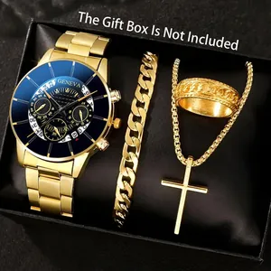 Detail showing gold quartz watch with matching bracelet necklace and ring in black box