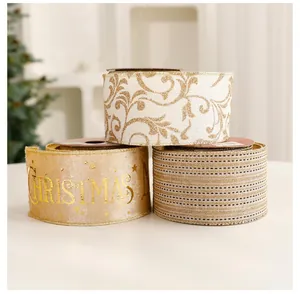 Detailed view of three festive Christmas ribbons with gold bronzing and stripe patterns.