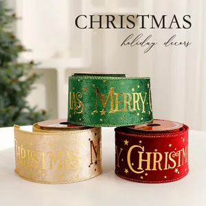 Gold-stamped velvet Christmas ribbons with 'Merry Christmas' print and star patterns