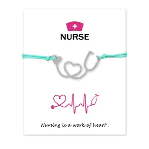 Nurse Wish Card Bracelet Adjustable Wax Rope Stethoscope Heart Pendant Bracelet For Doctor Nurse Medical Student Jewelry Gift