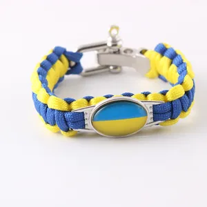 Detailed view of the blue and yellow Ukraine flag paracord survival bracelet.