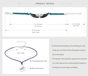Detailed product specifications for handmade cord bracelets with angel wings and Mom charm
