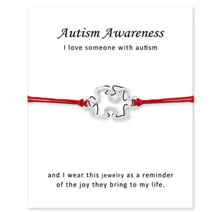 Bracelet Carte Pendentif Puzzle Sensibilisation à l'Autisme Bracelet Cordon Ciré Réglable pour Hommes Femmes Bijoux Cadeau Soutien