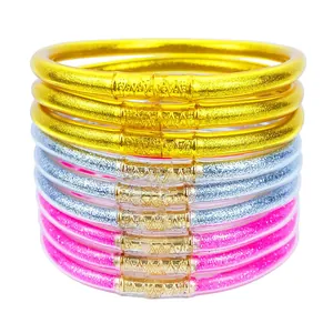 Women Glitter Filled Jelly Bangles Fashion PVC Silicone Multilayer Bracelets Jewelry With Gold Metal Connectors Party Accessories