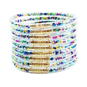 Stack of nine colorful bead-filled PVC jelly bangles with golden metal connectors.