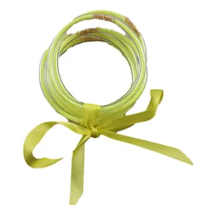 7-layer lime green silicone glitter jelly bangles set with decorative ribbon bow ties