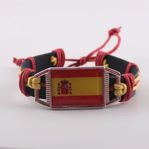 Handmade woven leather bracelet with Spain national flag charm for men and women