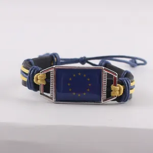 Handcrafted European Union flag leather bracelet with blue and yellow wax cords