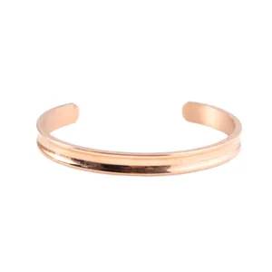 Elegant polished rose gold stainless steel C-shaped open cuff bracelet with grooved detail