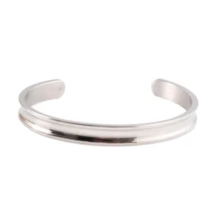 Polished silver stainless steel cuff bracelet with a minimalist C-shaped open design