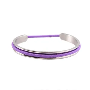 Polished stainless steel C-shaped cuff bracelet featuring a purple hair tie elastic band