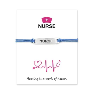 Handmade NURSE themed blessing card bracelet with adjustable blue cord and silver bar detail