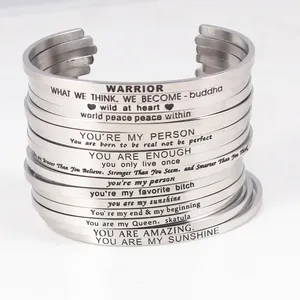 Stainless Steel Inspirational Engraved Cuff Bracelet Motivational Mantra Quote Open Bangle For Women Men Jewelry Gift