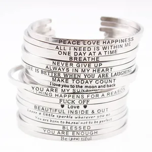 Stainless Steel Engraved Mantra Bracelet For Women Inspirational Quote Minimalist Polished Open Cuff Motivational Jewelry Gift