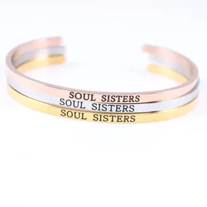 Stainless Steel Inspirational Engraved Open Cuff Bracelet Soul Sisters Never Give Up Bangle Jewelry For Women Daily Gift